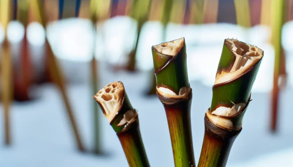 Japanese Knotweed in winter with hollow, bamboo-like stems